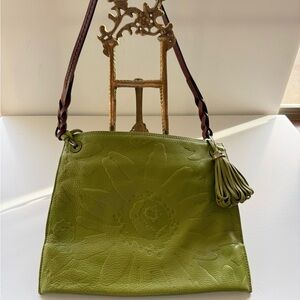 Brighton Ferrara Leather Embossed Flower Medallion Shoulder Bag in Spring Green